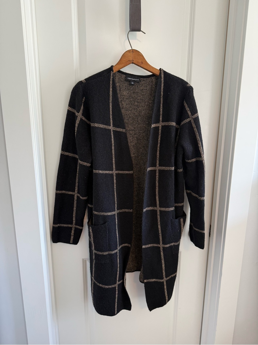 Windowpane Open Front Cardigan - Black & Taupe